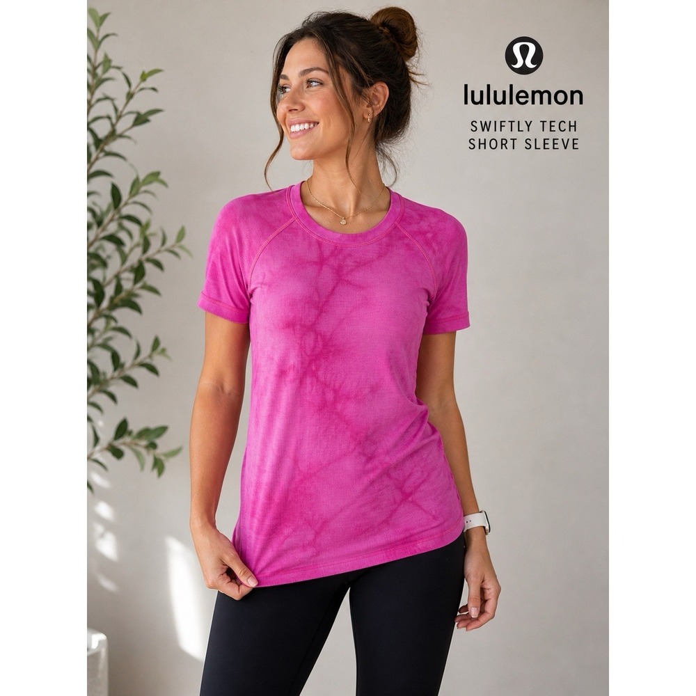 LULULEMON Swiftly Tech‎ Pink Tie Dye Short Sleeve Shirt Women Sz 6 Crew Neck Gym